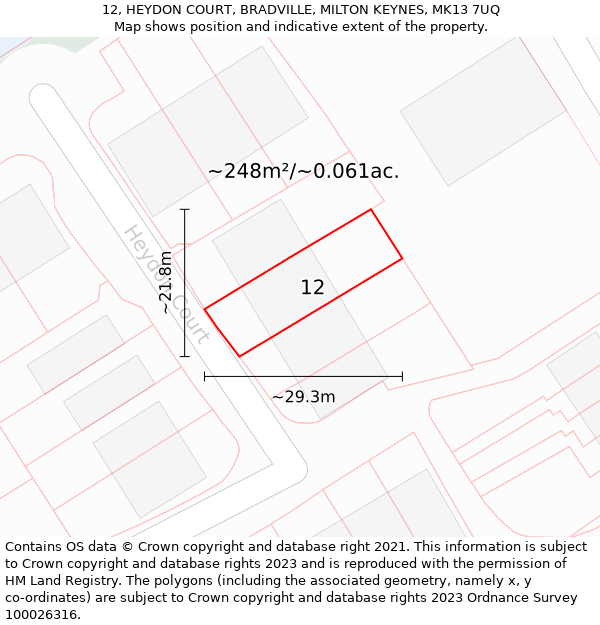 12, HEYDON COURT, BRADVILLE, MILTON KEYNES, MK13 7UQ: Plot and title map