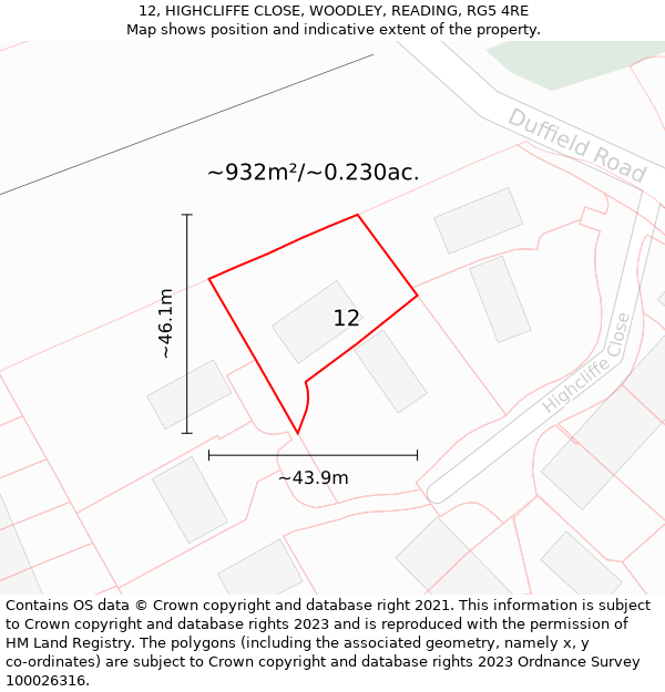 12, HIGHCLIFFE CLOSE, WOODLEY, READING, RG5 4RE: Plot and title map