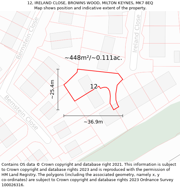 12, IRELAND CLOSE, BROWNS WOOD, MILTON KEYNES, MK7 8EQ: Plot and title map