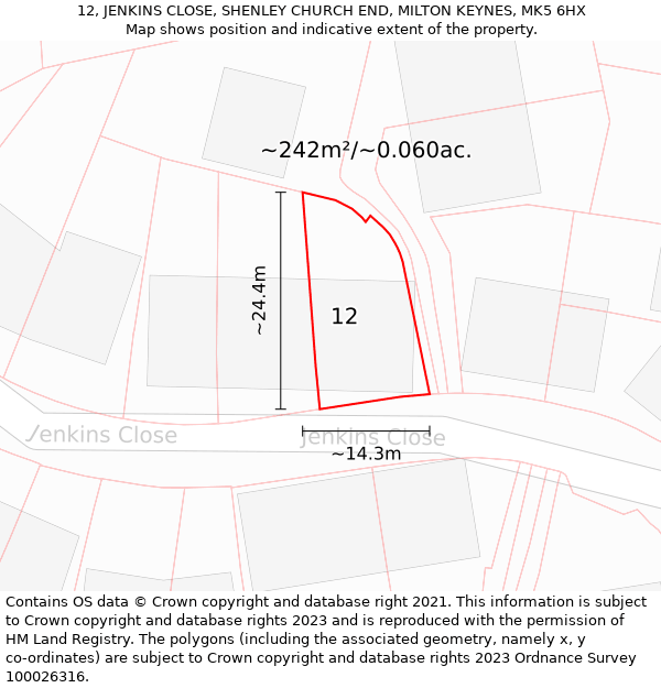 12, JENKINS CLOSE, SHENLEY CHURCH END, MILTON KEYNES, MK5 6HX: Plot and title map