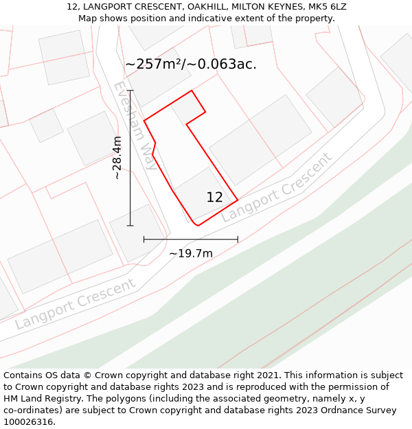 12, LANGPORT CRESCENT, OAKHILL, MILTON KEYNES, MK5 6LZ: Plot and title map