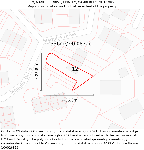 12, MAGUIRE DRIVE, FRIMLEY, CAMBERLEY, GU16 9RY: Plot and title map