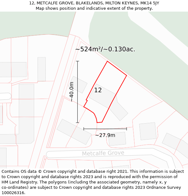 12, METCALFE GROVE, BLAKELANDS, MILTON KEYNES, MK14 5JY: Plot and title map