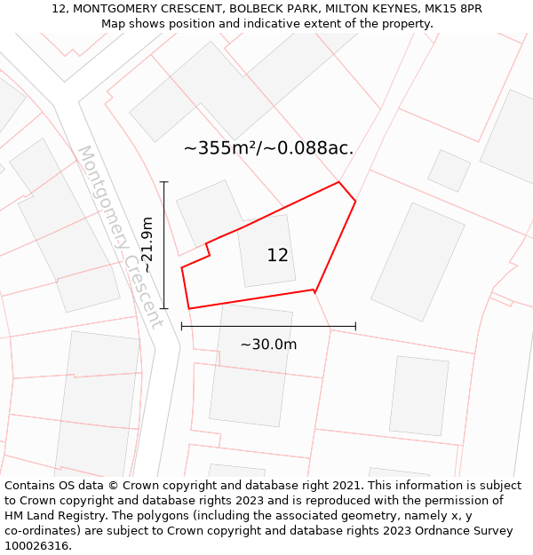 12, MONTGOMERY CRESCENT, BOLBECK PARK, MILTON KEYNES, MK15 8PR: Plot and title map