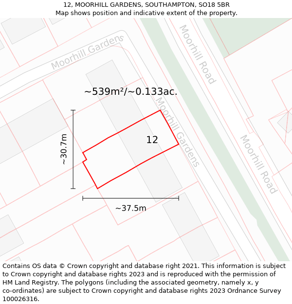 12, MOORHILL GARDENS, SOUTHAMPTON, SO18 5BR: Plot and title map