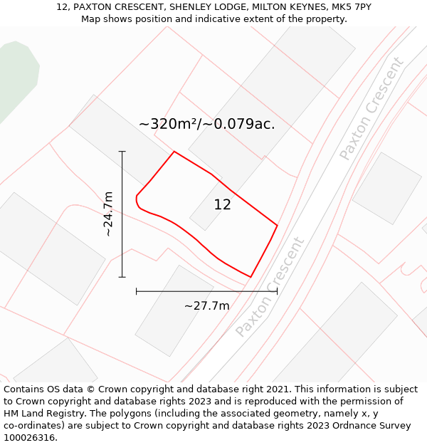 12, PAXTON CRESCENT, SHENLEY LODGE, MILTON KEYNES, MK5 7PY: Plot and title map