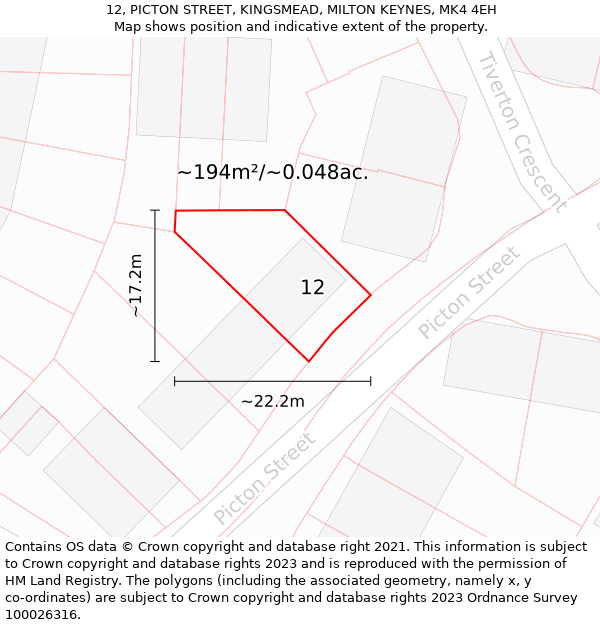 12, PICTON STREET, KINGSMEAD, MILTON KEYNES, MK4 4EH: Plot and title map