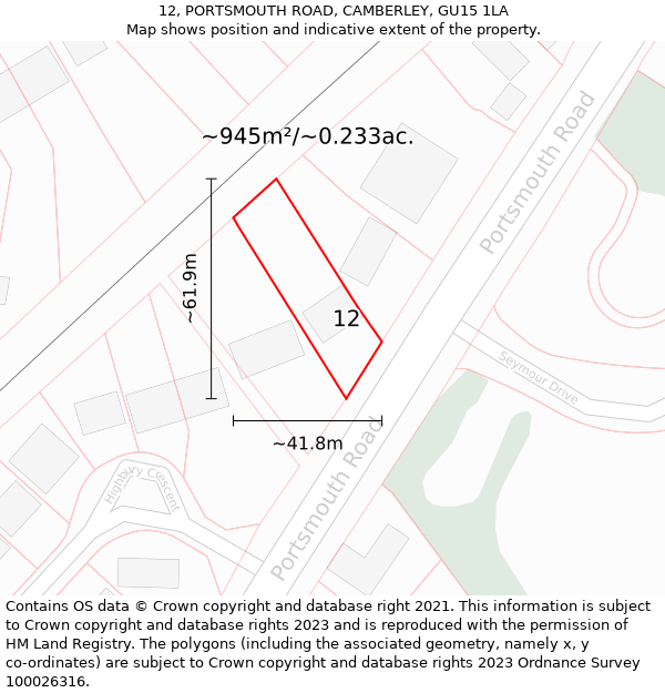 12, PORTSMOUTH ROAD, CAMBERLEY, GU15 1LA: Plot and title map