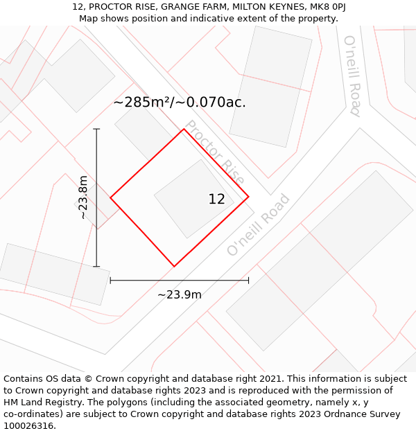 12, PROCTOR RISE, GRANGE FARM, MILTON KEYNES, MK8 0PJ: Plot and title map