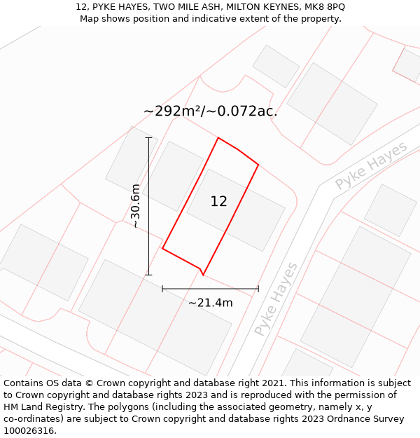 12, PYKE HAYES, TWO MILE ASH, MILTON KEYNES, MK8 8PQ: Plot and title map