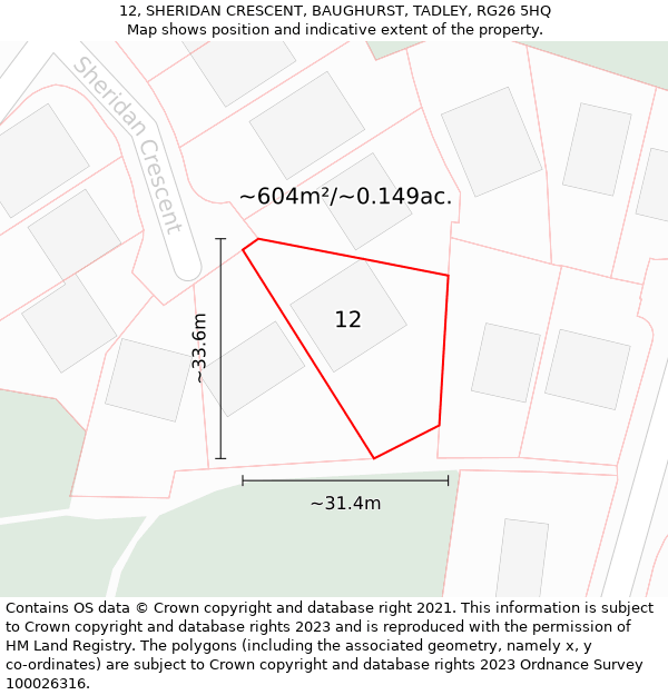 12, SHERIDAN CRESCENT, BAUGHURST, TADLEY, RG26 5HQ: Plot and title map