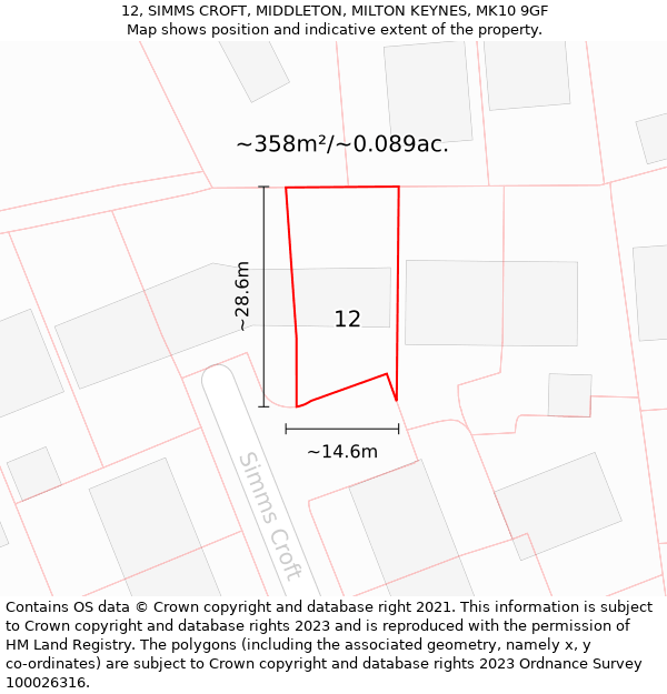 12, SIMMS CROFT, MIDDLETON, MILTON KEYNES, MK10 9GF: Plot and title map