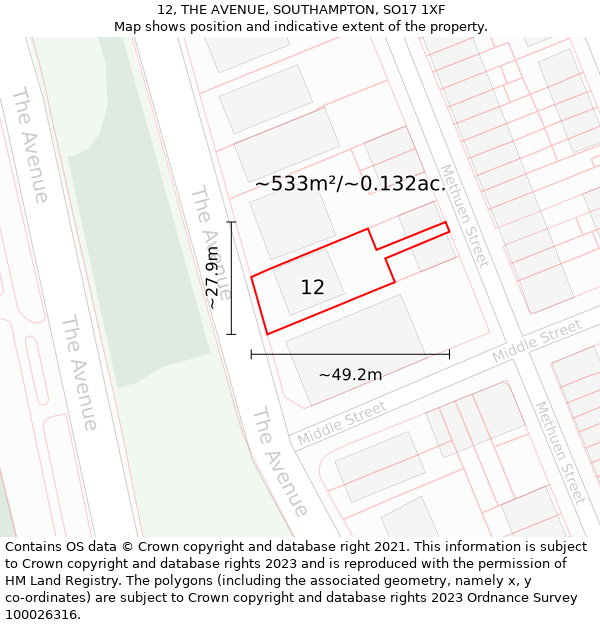 12, THE AVENUE, SOUTHAMPTON, SO17 1XF: Plot and title map