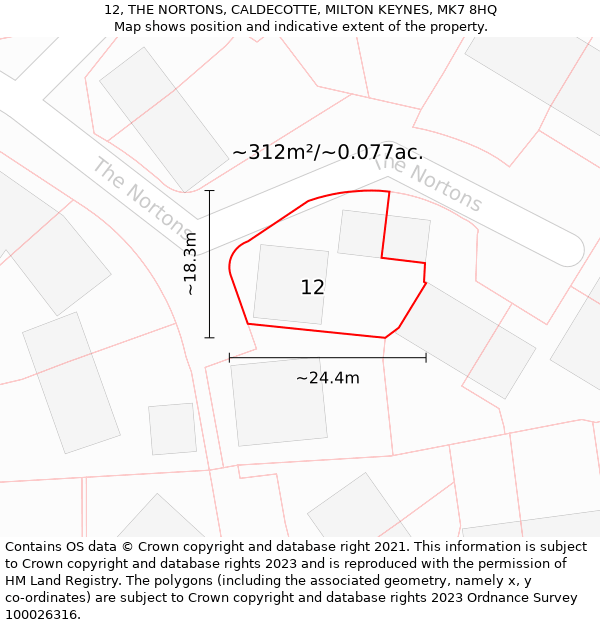 12, THE NORTONS, CALDECOTTE, MILTON KEYNES, MK7 8HQ: Plot and title map