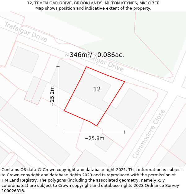 12, TRAFALGAR DRIVE, BROOKLANDS, MILTON KEYNES, MK10 7ER: Plot and title map