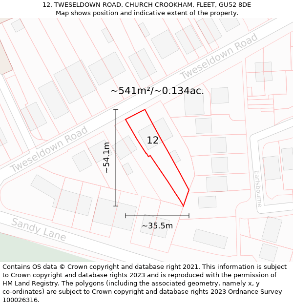 12, TWESELDOWN ROAD, CHURCH CROOKHAM, FLEET, GU52 8DE: Plot and title map