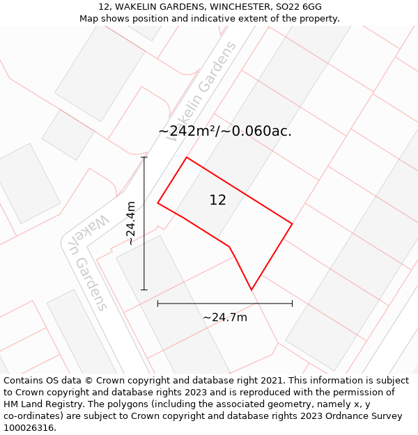 12, WAKELIN GARDENS, WINCHESTER, SO22 6GG: Plot and title map