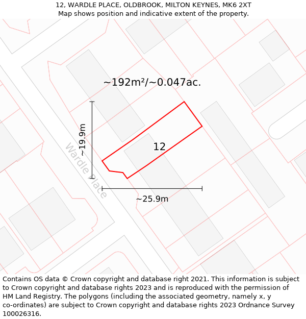 12, WARDLE PLACE, OLDBROOK, MILTON KEYNES, MK6 2XT: Plot and title map