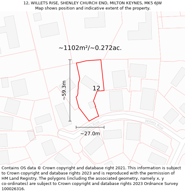 12, WILLETS RISE, SHENLEY CHURCH END, MILTON KEYNES, MK5 6JW: Plot and title map