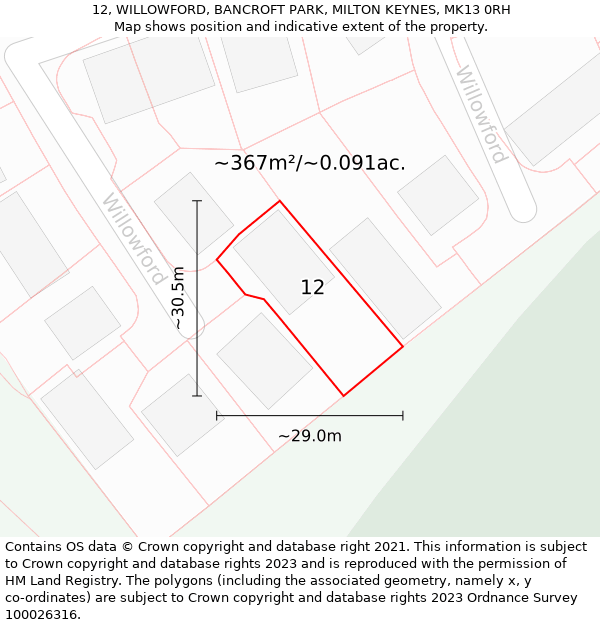 12, WILLOWFORD, BANCROFT PARK, MILTON KEYNES, MK13 0RH: Plot and title map