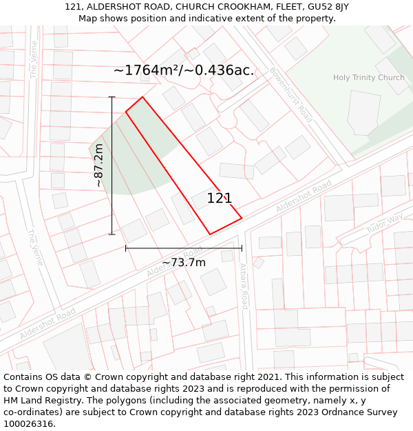 121, ALDERSHOT ROAD, CHURCH CROOKHAM, FLEET, GU52 8JY: Plot and title map