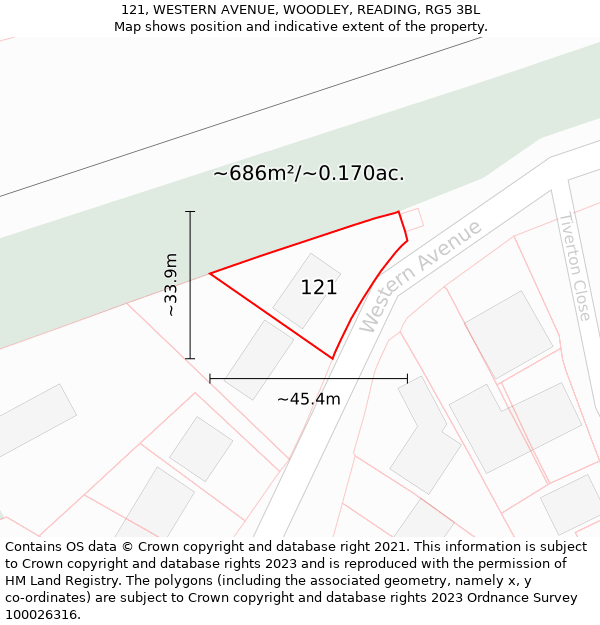 121, WESTERN AVENUE, WOODLEY, READING, RG5 3BL: Plot and title map