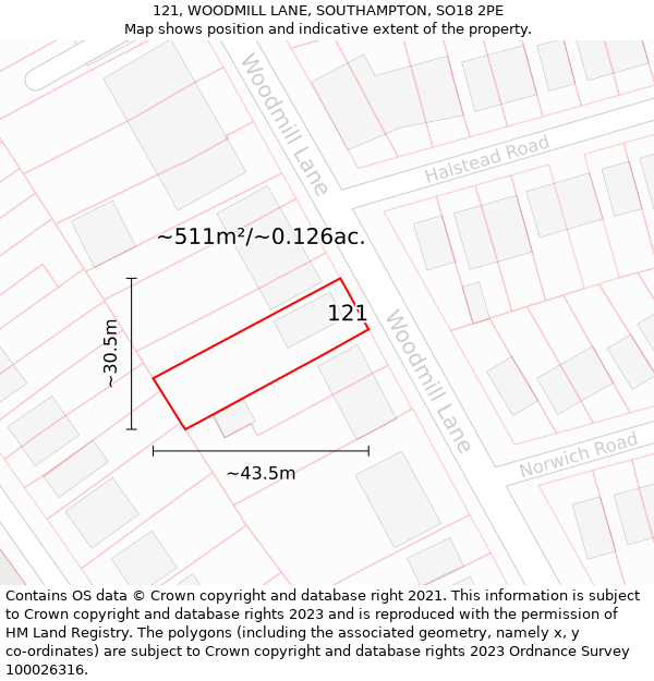 121, WOODMILL LANE, SOUTHAMPTON, SO18 2PE: Plot and title map