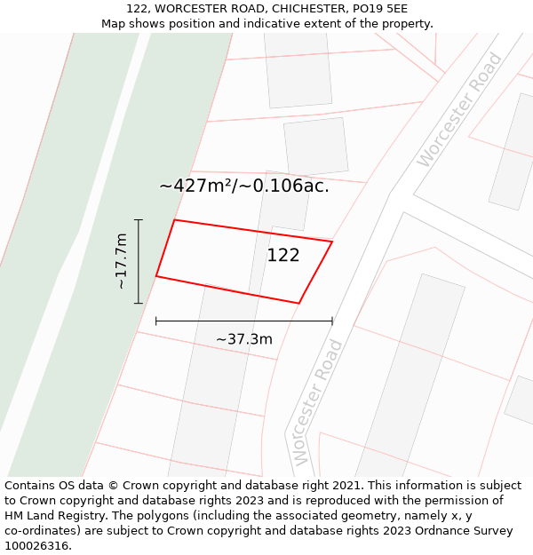 122, WORCESTER ROAD, CHICHESTER, PO19 5EE: Plot and title map