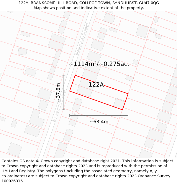 122A, BRANKSOME HILL ROAD, COLLEGE TOWN, SANDHURST, GU47 0QG: Plot and title map