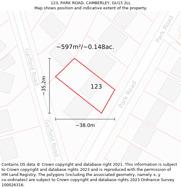 123, PARK ROAD, CAMBERLEY, GU15 2LL: Plot and title map