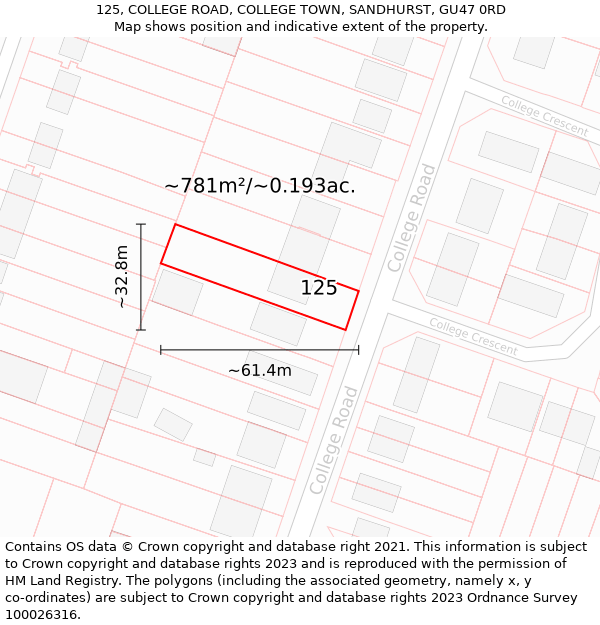 125, COLLEGE ROAD, COLLEGE TOWN, SANDHURST, GU47 0RD: Plot and title map