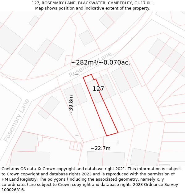 127, ROSEMARY LANE, BLACKWATER, CAMBERLEY, GU17 0LL: Plot and title map