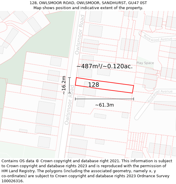 128, OWLSMOOR ROAD, OWLSMOOR, SANDHURST, GU47 0ST: Plot and title map