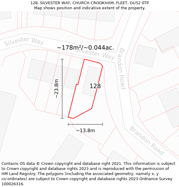 128, SILVESTER WAY, CHURCH CROOKHAM, FLEET, GU52 0TP: Plot and title map