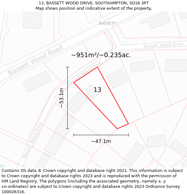 13, BASSETT WOOD DRIVE, SOUTHAMPTON, SO16 3PT: Plot and title map