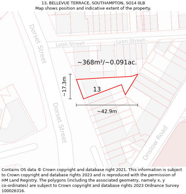 13, BELLEVUE TERRACE, SOUTHAMPTON, SO14 0LB: Plot and title map