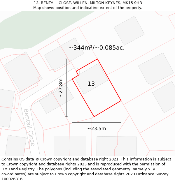 13, BENTALL CLOSE, WILLEN, MILTON KEYNES, MK15 9HB: Plot and title map