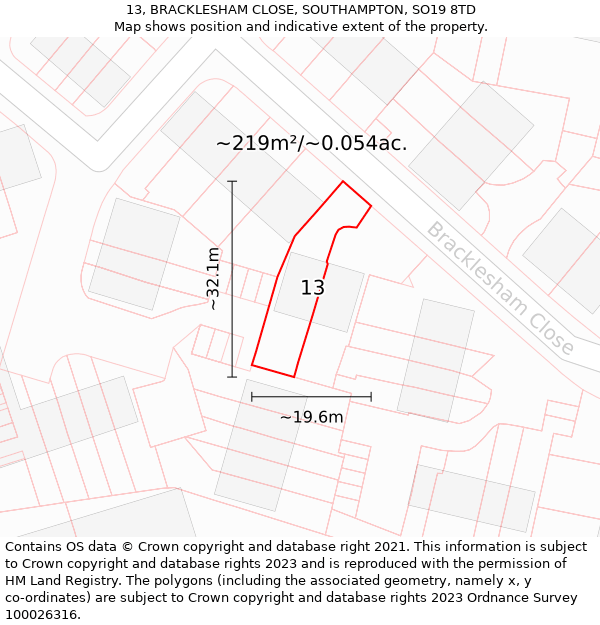 13, BRACKLESHAM CLOSE, SOUTHAMPTON, SO19 8TD: Plot and title map