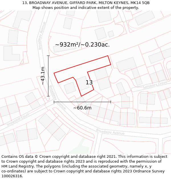 13, BROADWAY AVENUE, GIFFARD PARK, MILTON KEYNES, MK14 5QB: Plot and title map