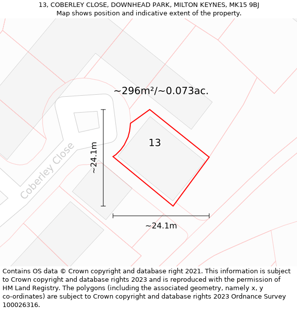 13, COBERLEY CLOSE, DOWNHEAD PARK, MILTON KEYNES, MK15 9BJ: Plot and title map