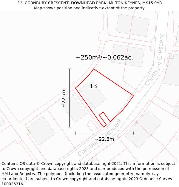 13, CORNBURY CRESCENT, DOWNHEAD PARK, MILTON KEYNES, MK15 9AR: Plot and title map