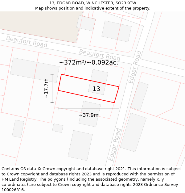 13, EDGAR ROAD, WINCHESTER, SO23 9TW: Plot and title map