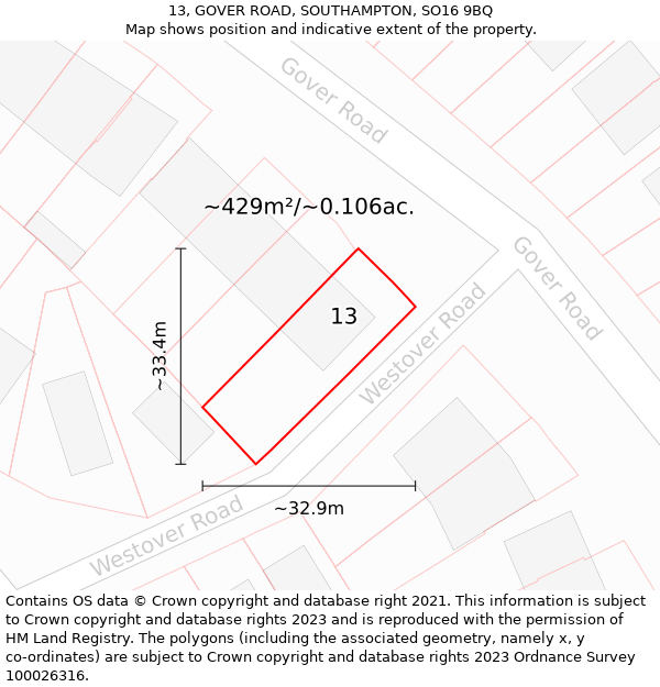 13, GOVER ROAD, SOUTHAMPTON, SO16 9BQ: Plot and title map