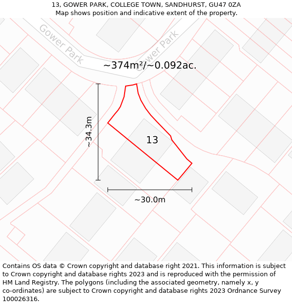 13, GOWER PARK, COLLEGE TOWN, SANDHURST, GU47 0ZA: Plot and title map