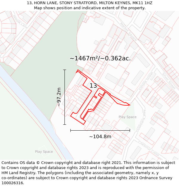 13, HORN LANE, STONY STRATFORD, MILTON KEYNES, MK11 1HZ: Plot and title map