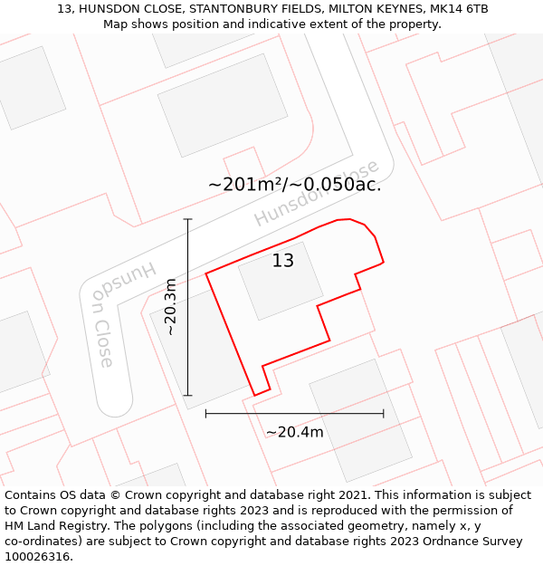 13, HUNSDON CLOSE, STANTONBURY FIELDS, MILTON KEYNES, MK14 6TB: Plot and title map