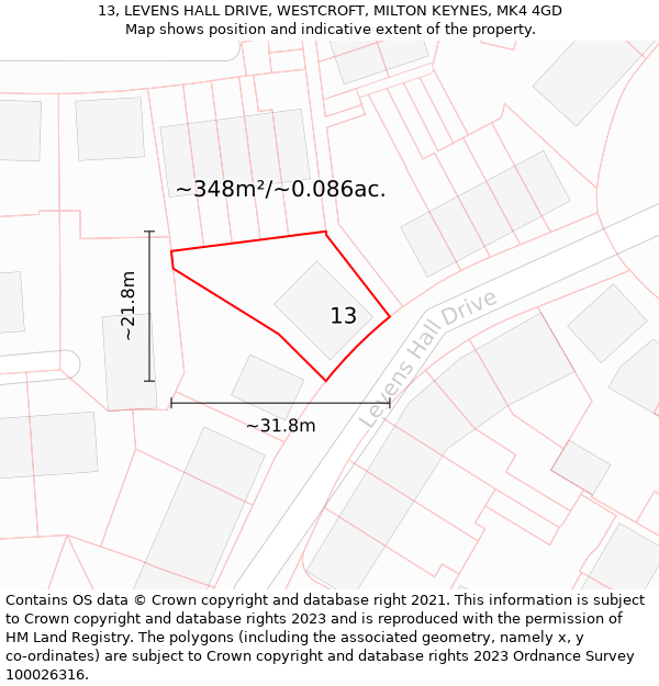 13, LEVENS HALL DRIVE, WESTCROFT, MILTON KEYNES, MK4 4GD: Plot and title map