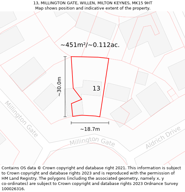 13, MILLINGTON GATE, WILLEN, MILTON KEYNES, MK15 9HT: Plot and title map