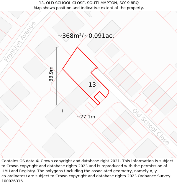 13, OLD SCHOOL CLOSE, SOUTHAMPTON, SO19 8BQ: Plot and title map