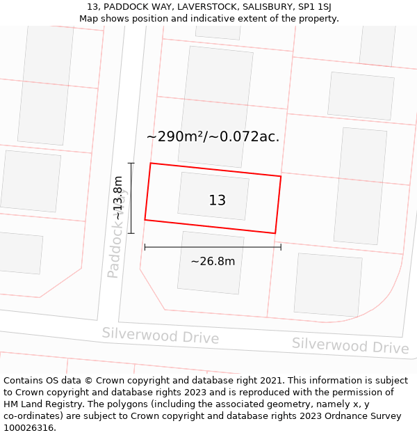 13, PADDOCK WAY, LAVERSTOCK, SALISBURY, SP1 1SJ: Plot and title map